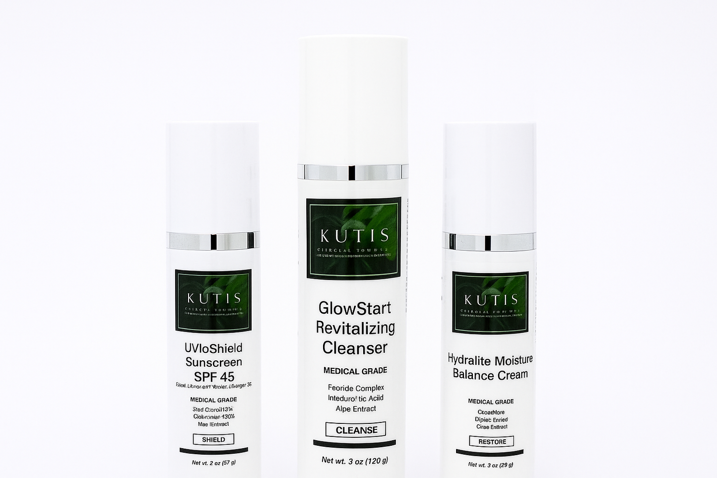 KUTIS Skincare Set with Glowstart Revitalizing Cleanser, Hydralite Moisture Balance Cream, and Uvioshield Sunscreen SPF45